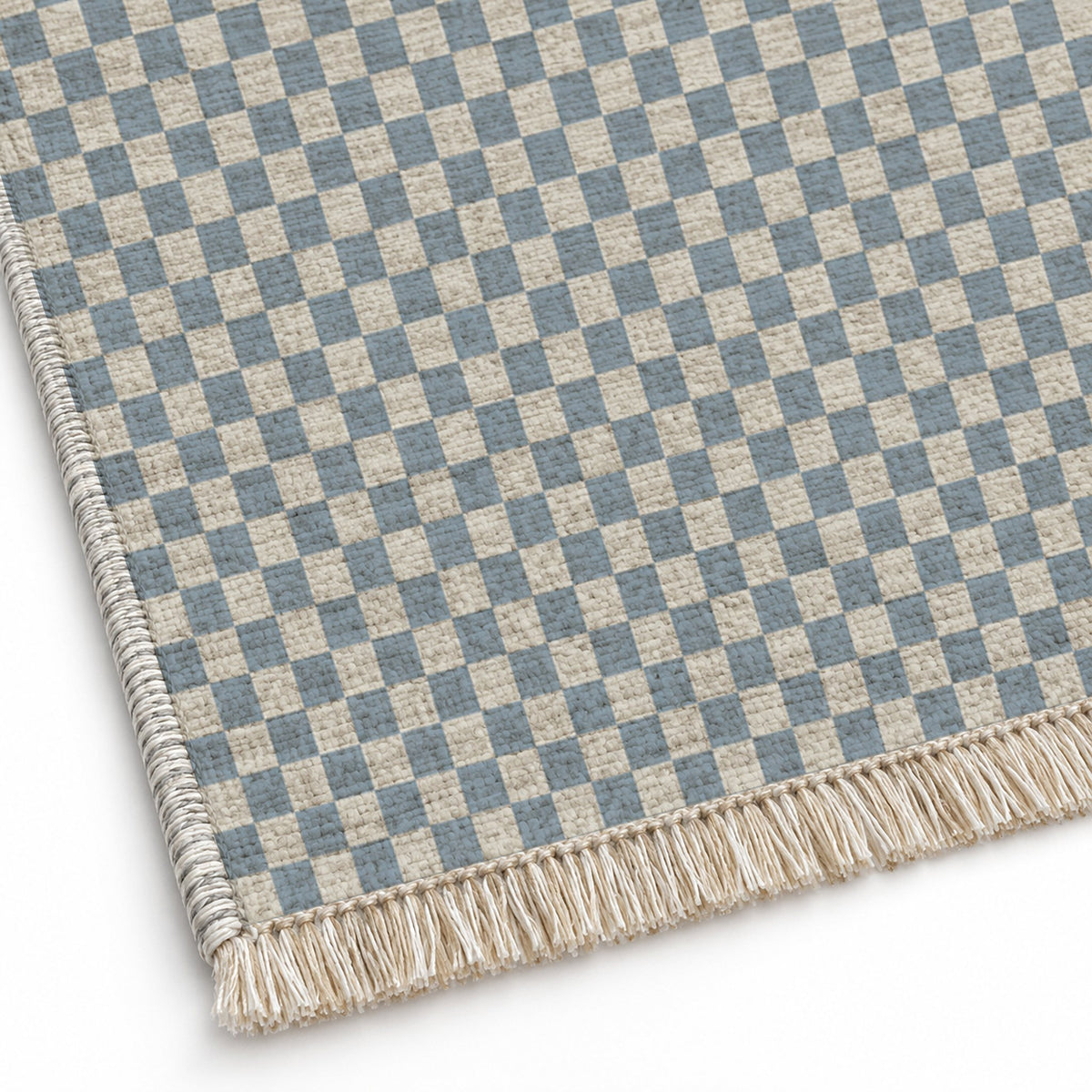 Micro Check Ivory & Dusty Blue washable rug close-up of the printed chenille