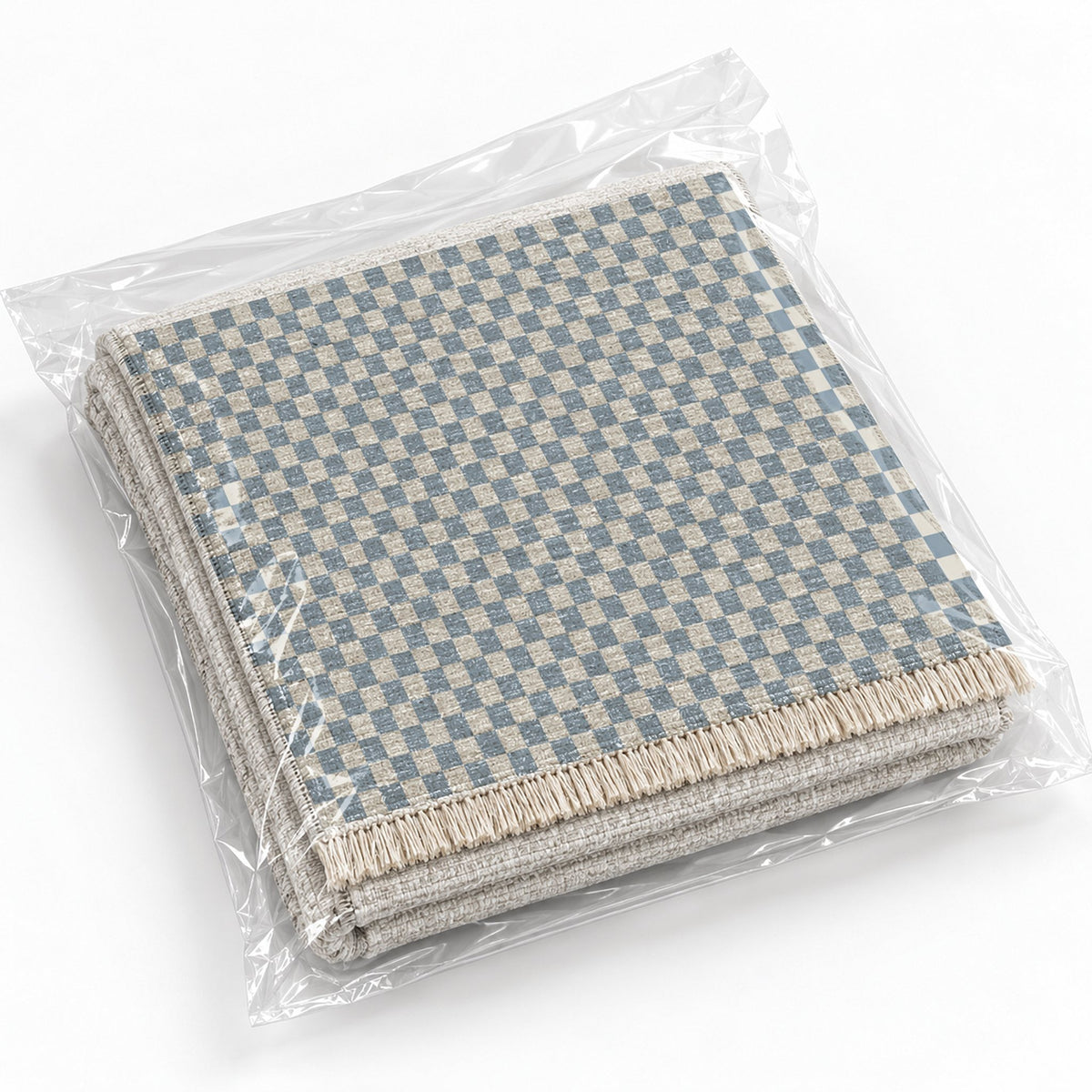 Micro Check Ivory & Dusty Blue washable rug rolled and packaged
