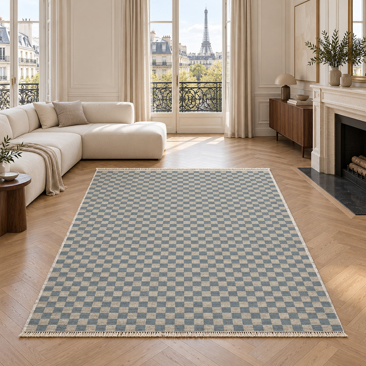 Micro Check Ivory & Dusty Blue washable rug in a living room with an Eiffel Tower view