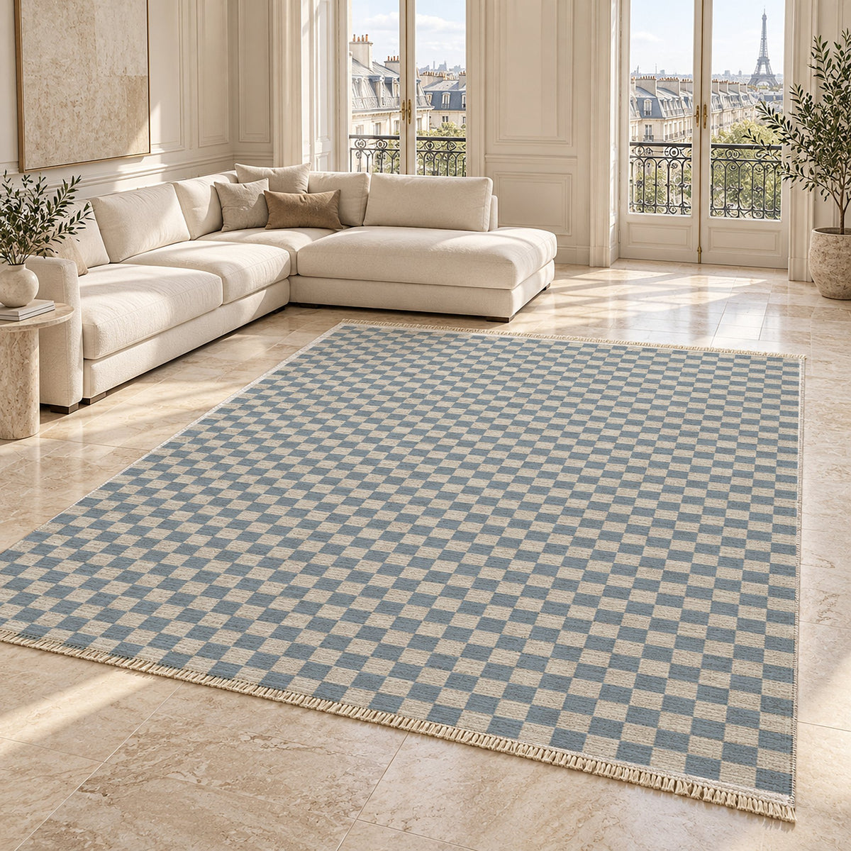 Micro Check Ivory & Dusty Blue washable rug angled room view on marble
