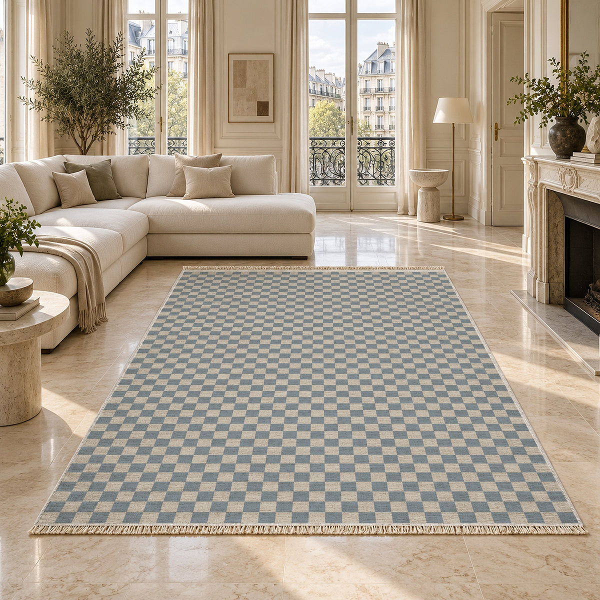 Micro Check Ivory & Dusty Blue washable rug on a marble floor