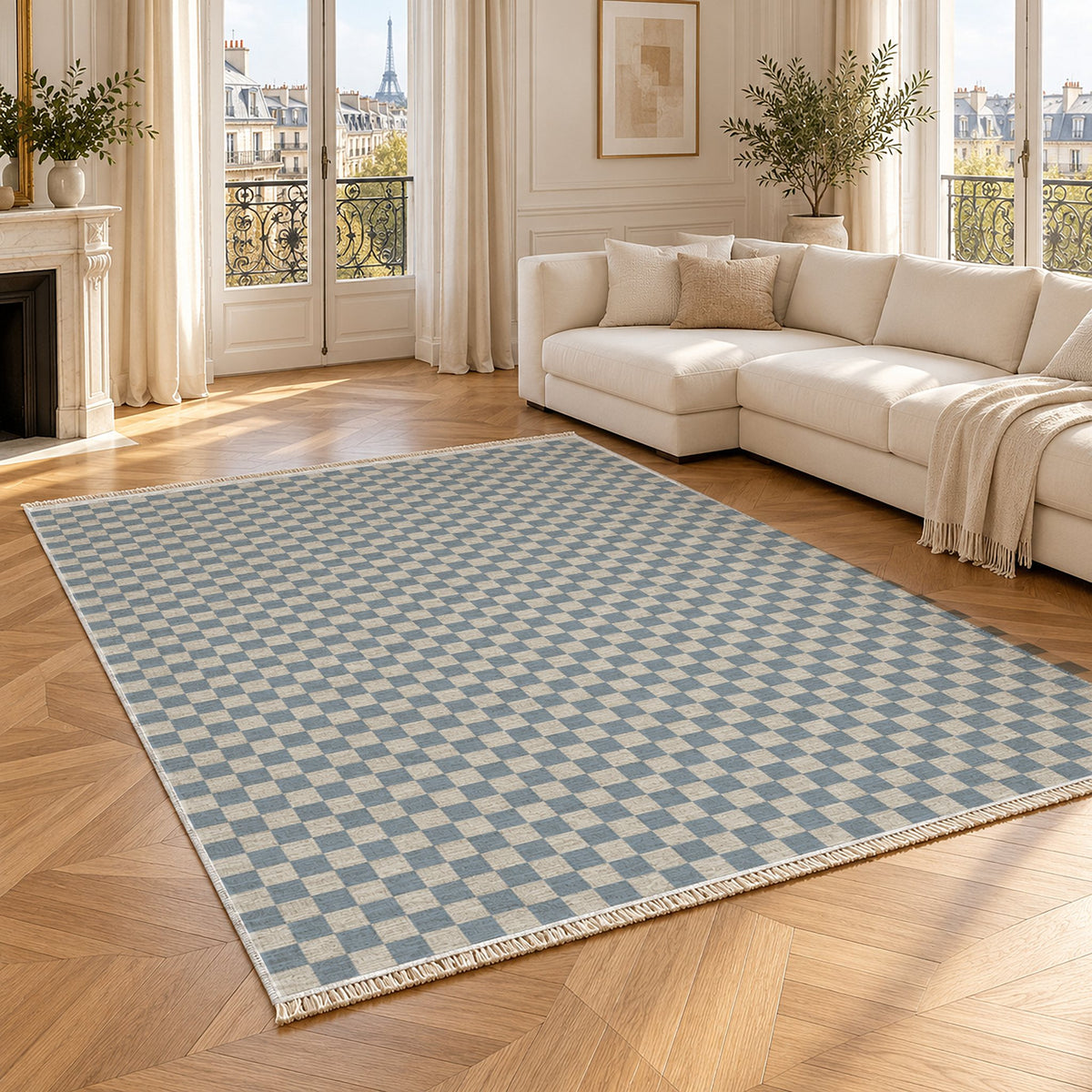 Micro Check Ivory & Dusty Blue washable rug angled room view