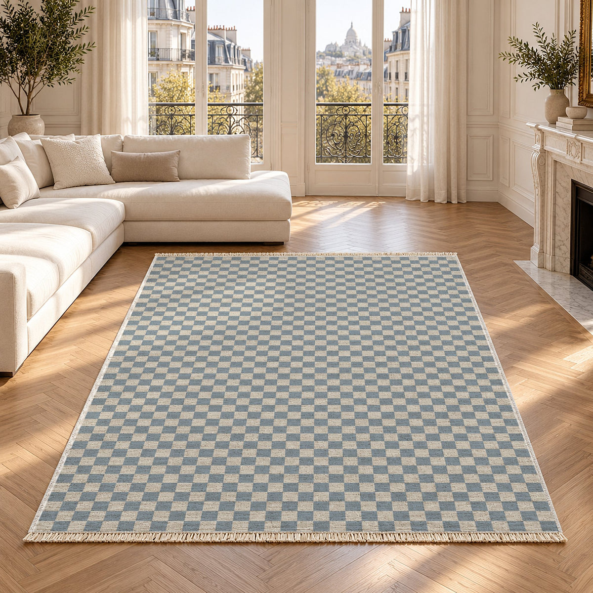 Micro Check Ivory & Dusty Blue washable rug in a Paris living room