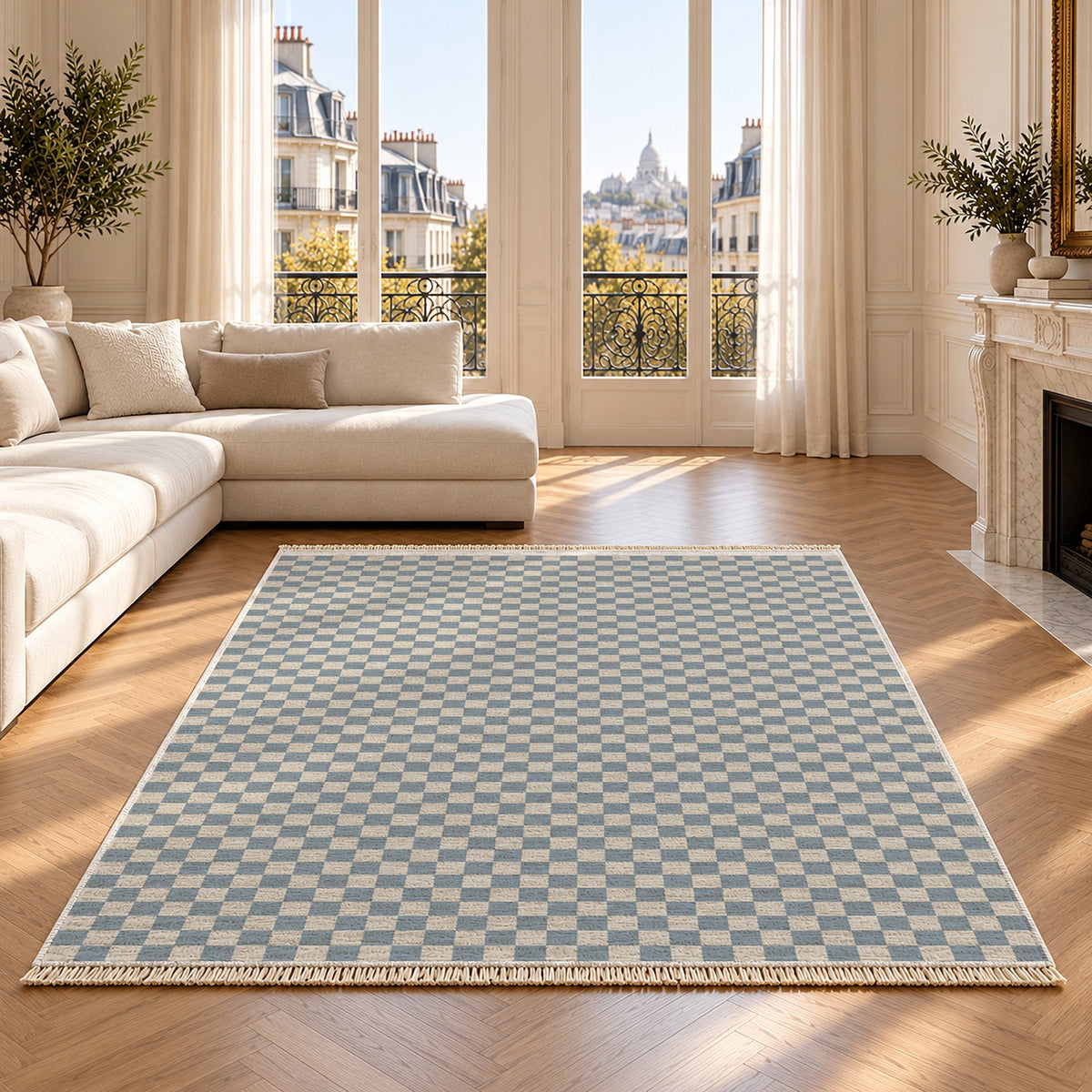 Micro Check Ivory & Dusty Blue washable rug on an oak floor