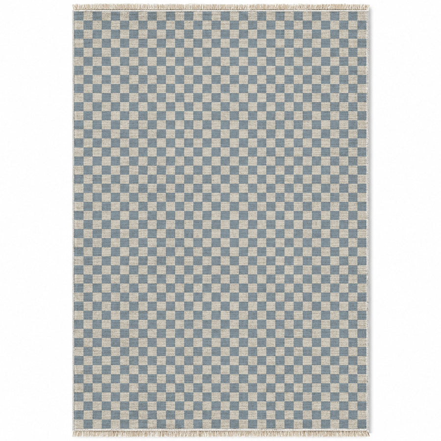 Micro Check Ivory & Dusty Blue Washable Rug