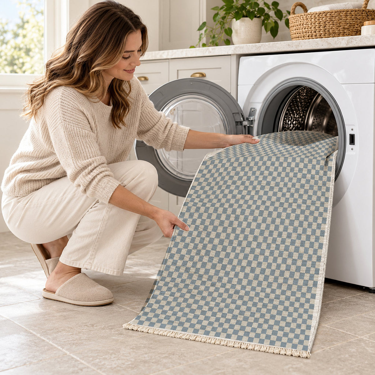 Micro Check Ivory & Dusty Blue washable rug being loaded into a washing machine