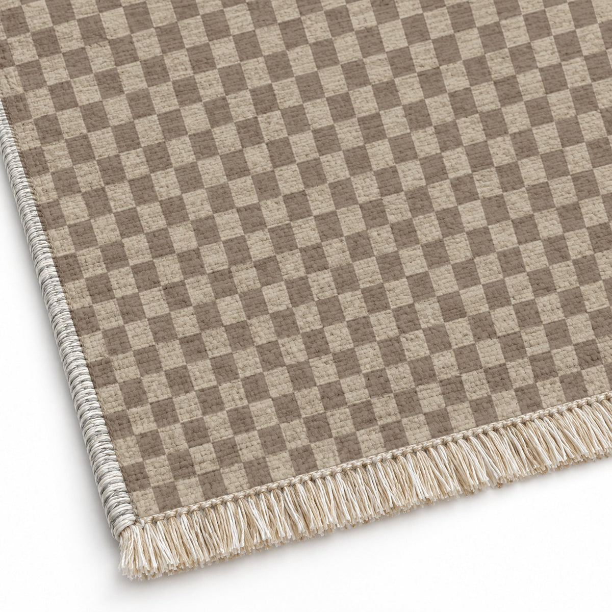 Micro Check Oat & Taupe washable rug close-up of the printed chenille