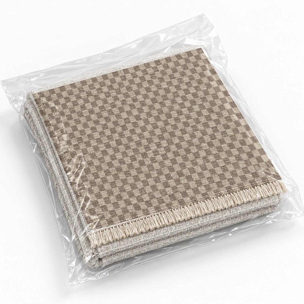 Micro Check Oat & Taupe washable rug rolled and packaged