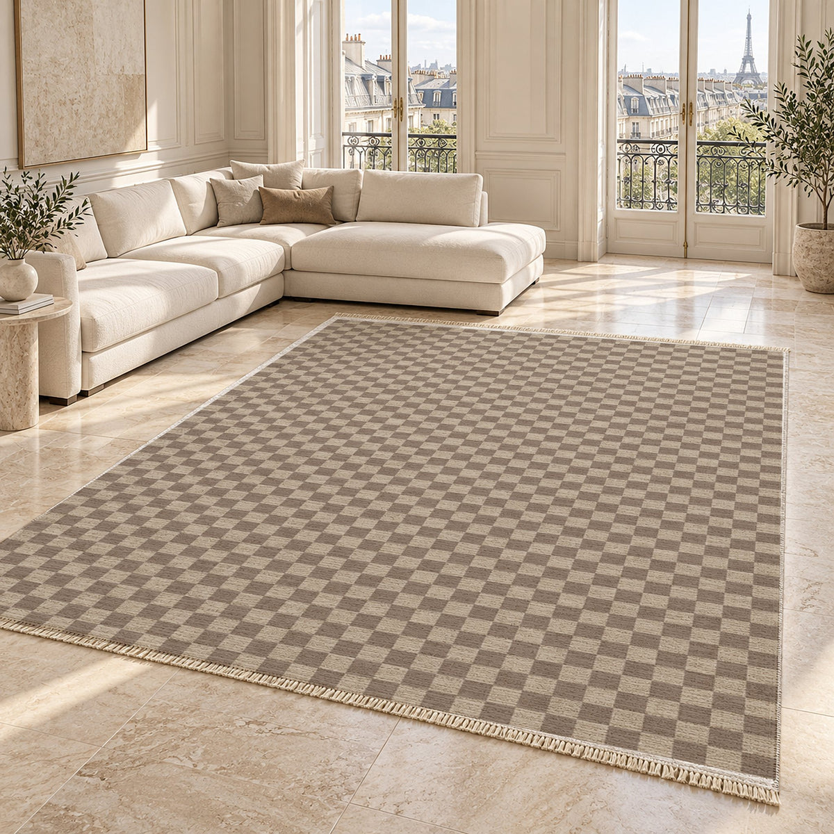Micro Check Oat & Taupe washable rug angled room view on marble