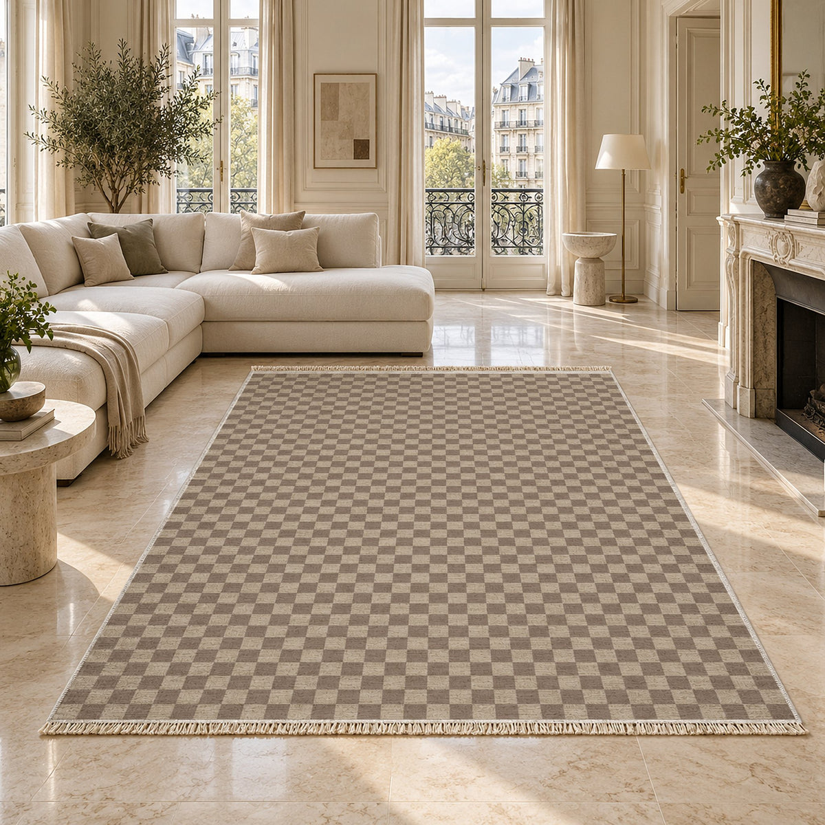 Micro Check Oat & Taupe washable rug on a marble floor