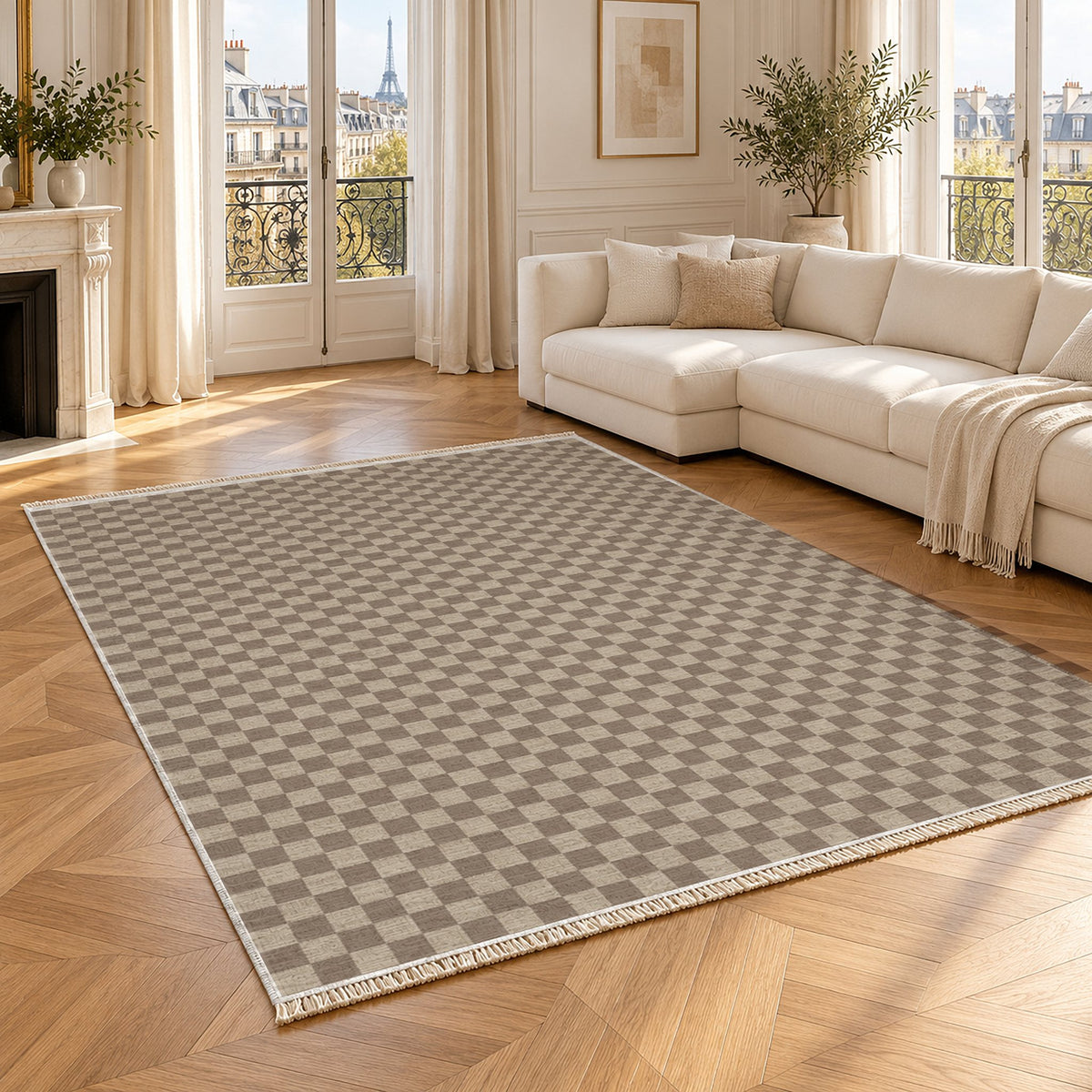 Micro Check Oat & Taupe washable rug angled room view