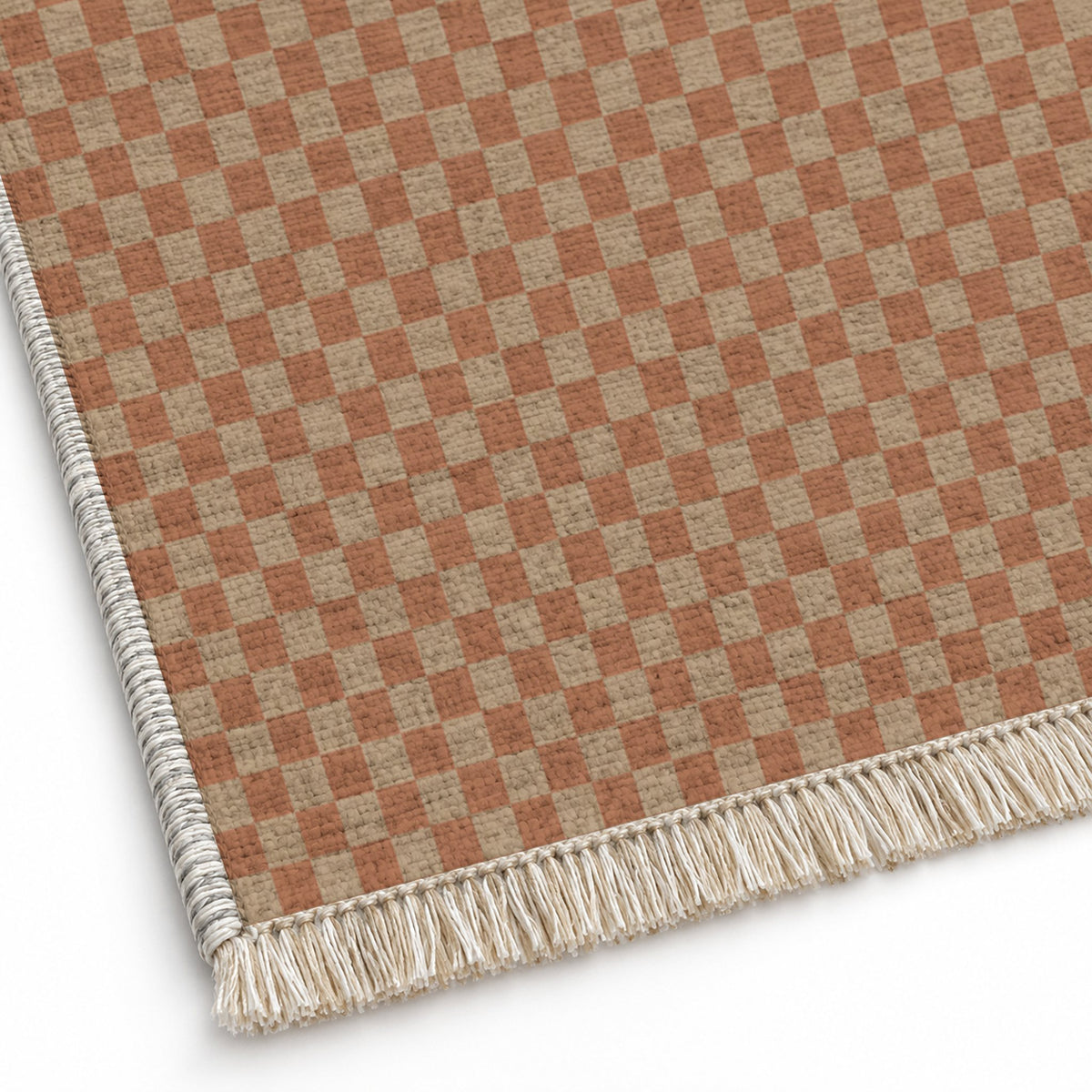 Micro Check Sand & Terracotta washable rug close-up of the printed chenille