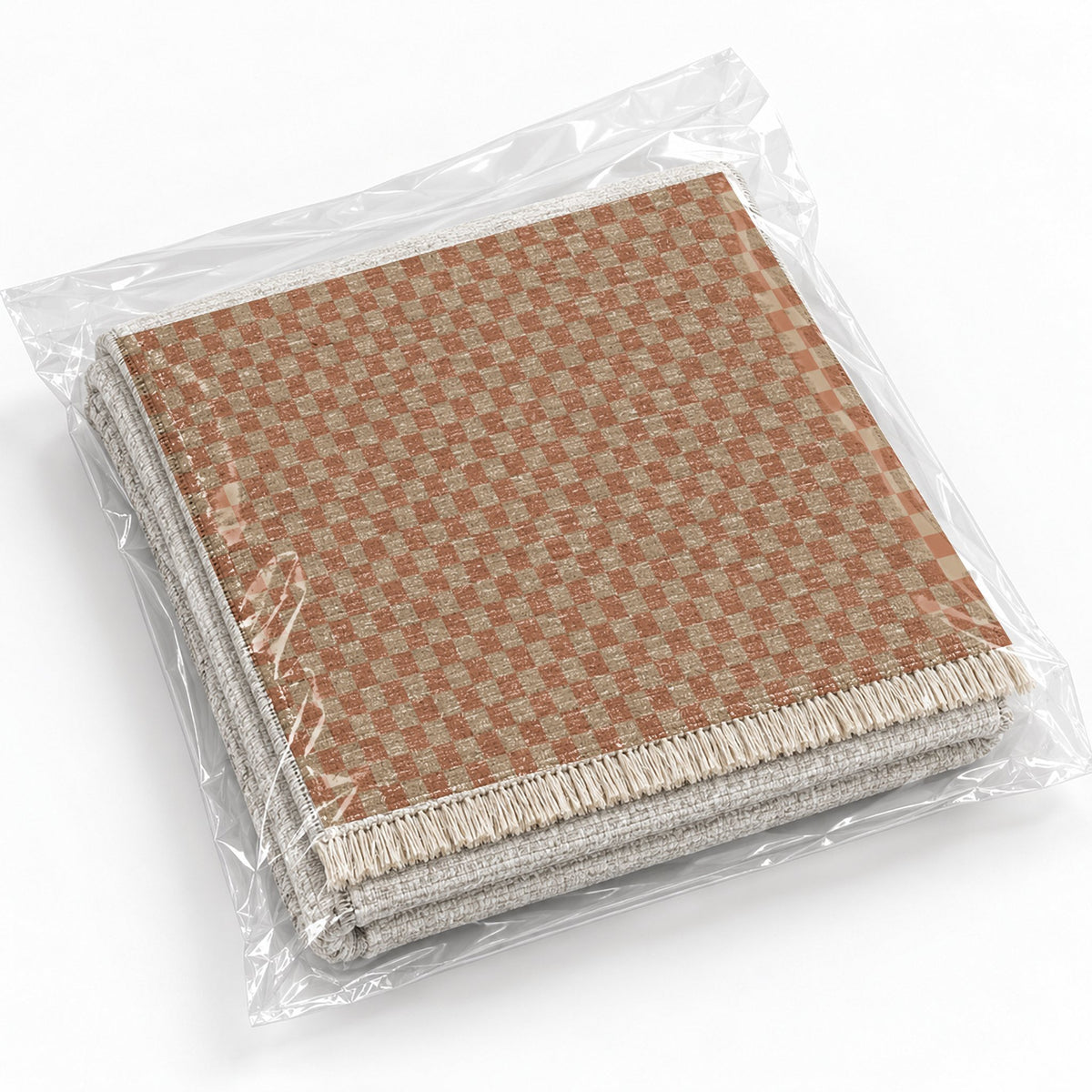 Micro Check Sand & Terracotta washable rug rolled and packaged