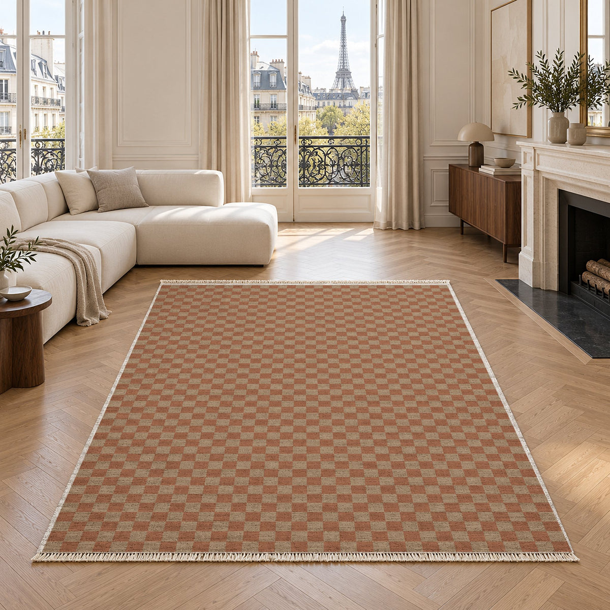 Micro Check Sand & Terracotta washable rug in a living room with an Eiffel Tower view