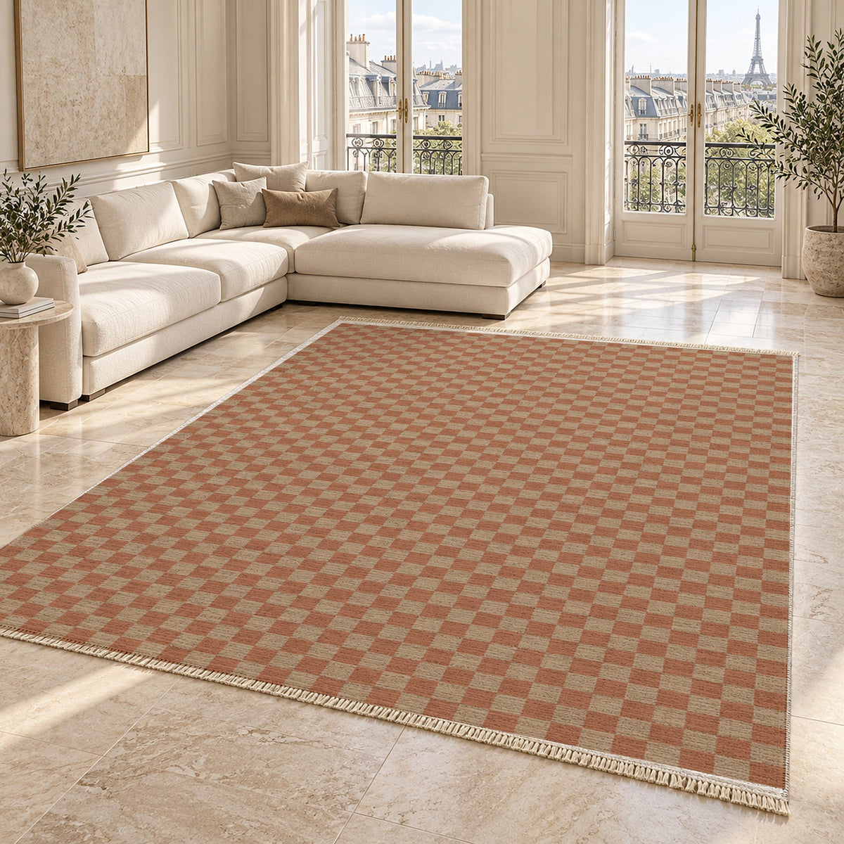 Micro Check Sand & Terracotta washable rug angled room view on marble