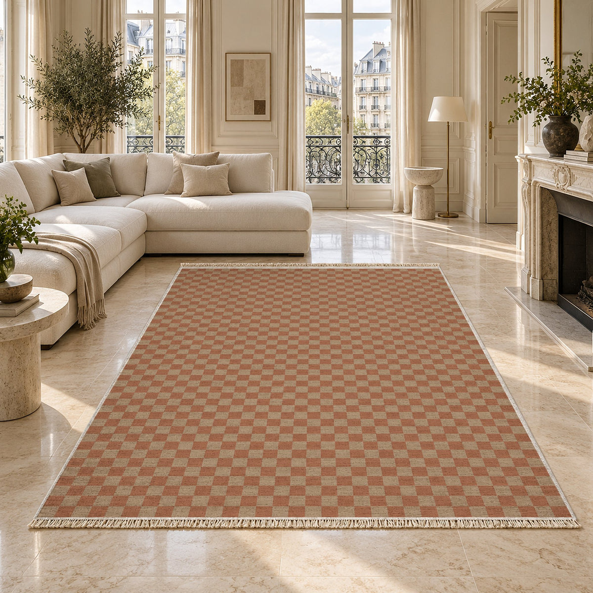Micro Check Sand & Terracotta washable rug on a marble floor
