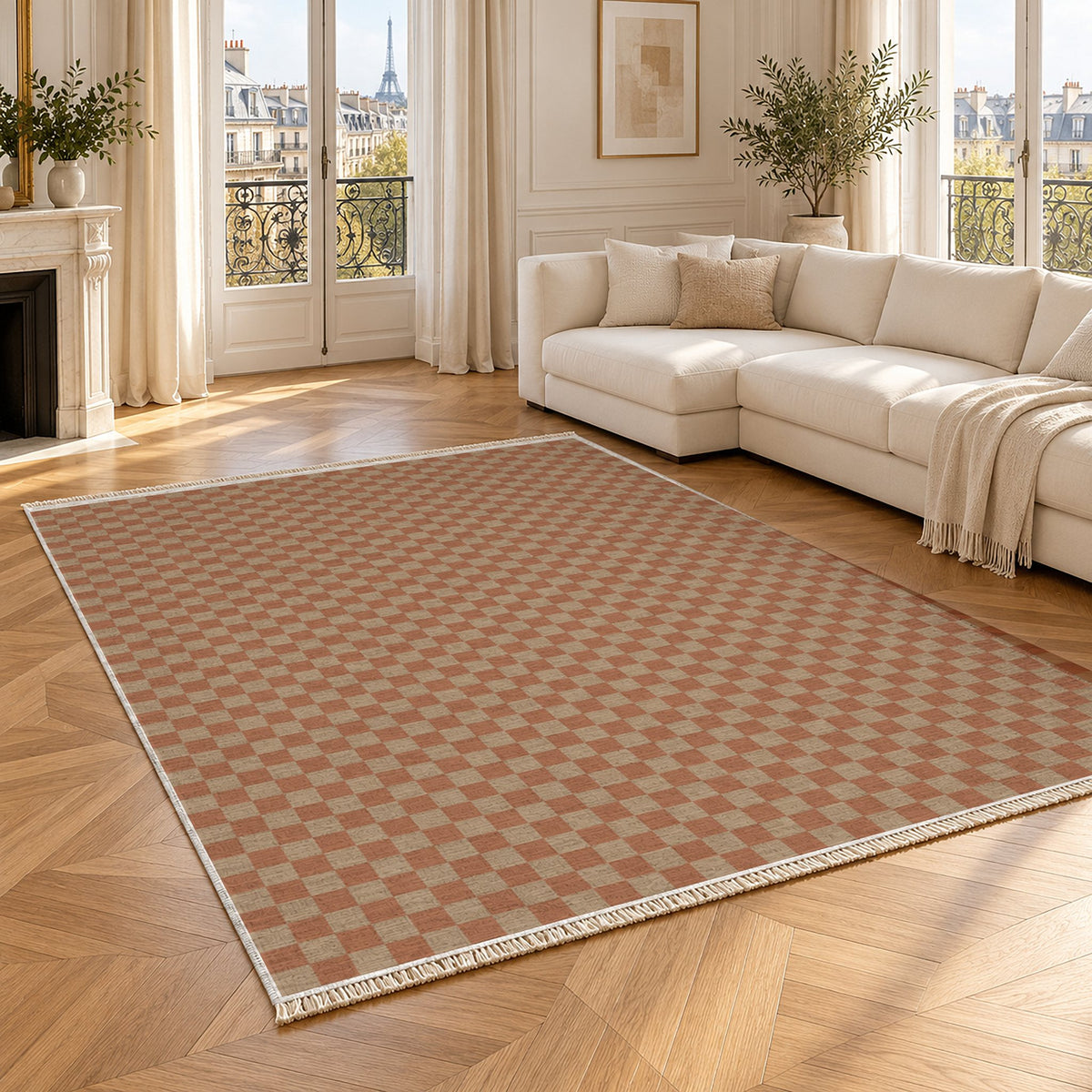 Micro Check Sand & Terracotta washable rug angled room view