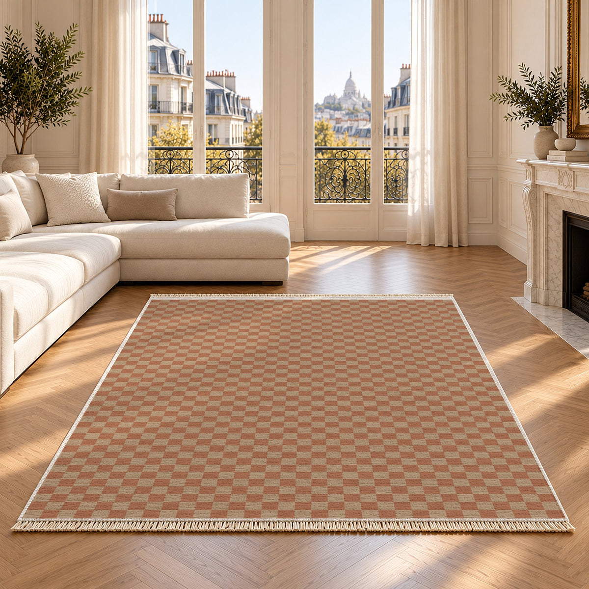 Micro Check Sand & Terracotta washable rug on an oak floor