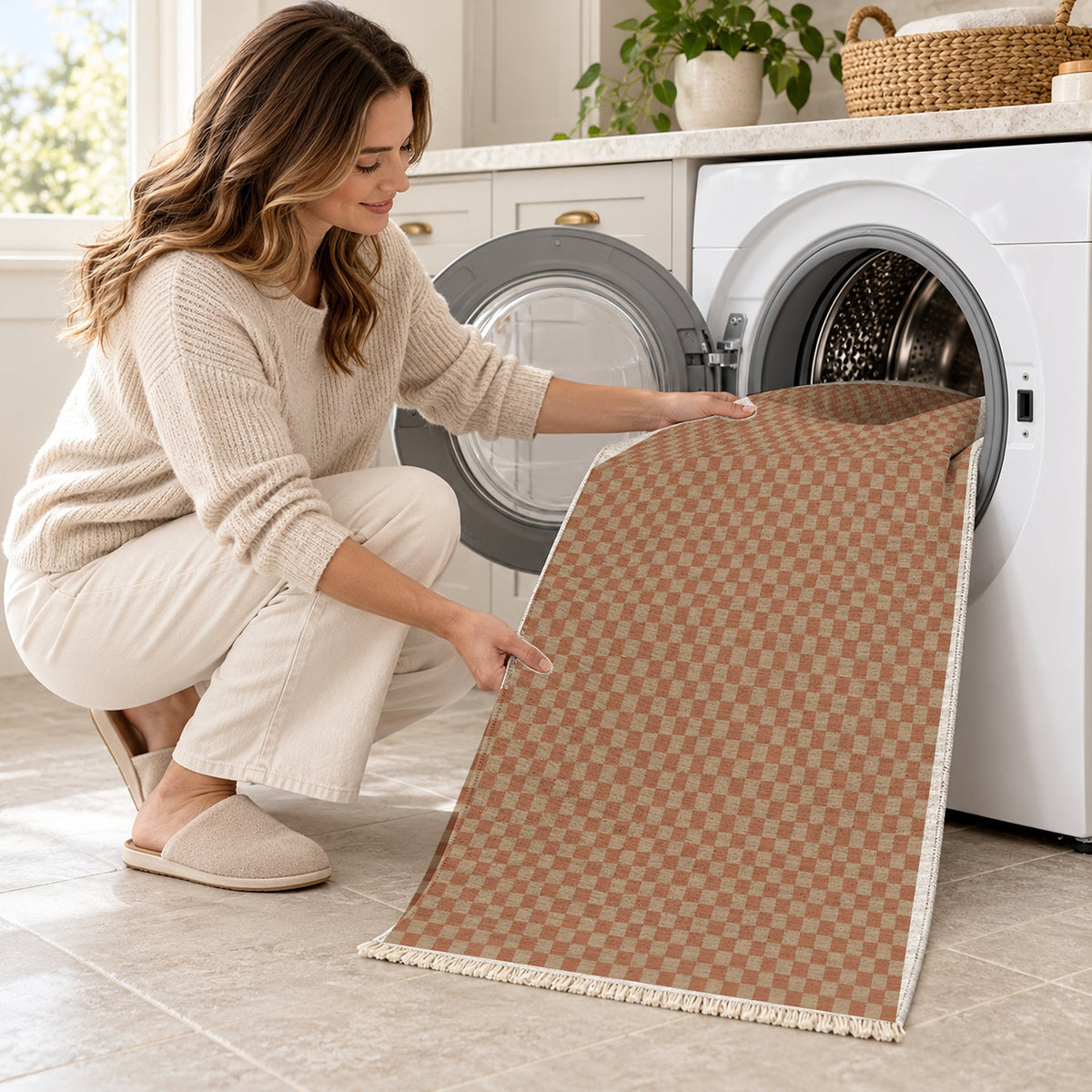 Micro Check Sand & Terracotta washable rug being loaded into a washing machine