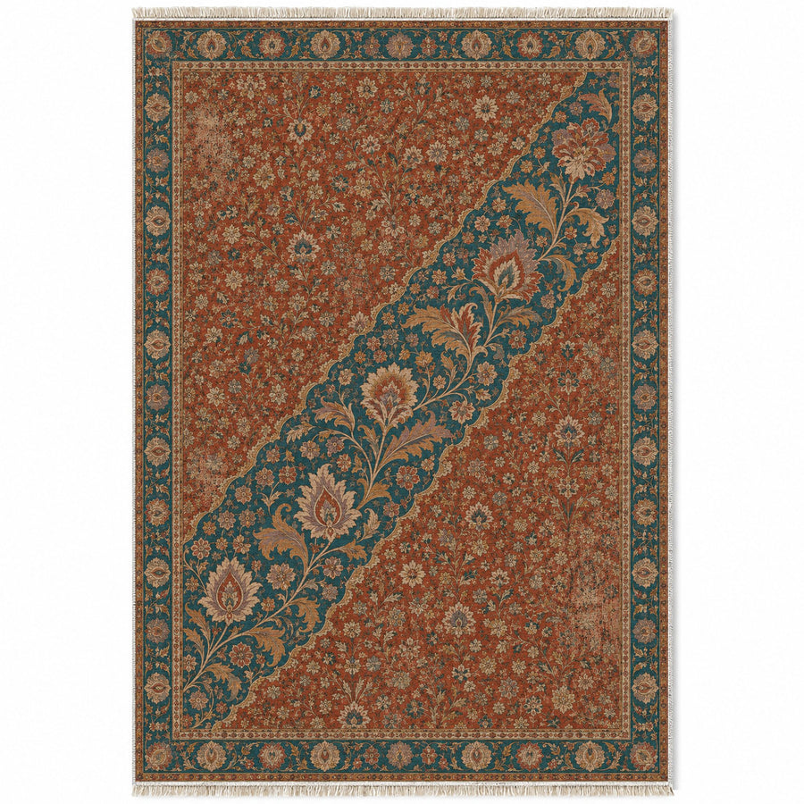 Millefleur Diagonal Reserve Brick & Petrol Distressed Washable Rug