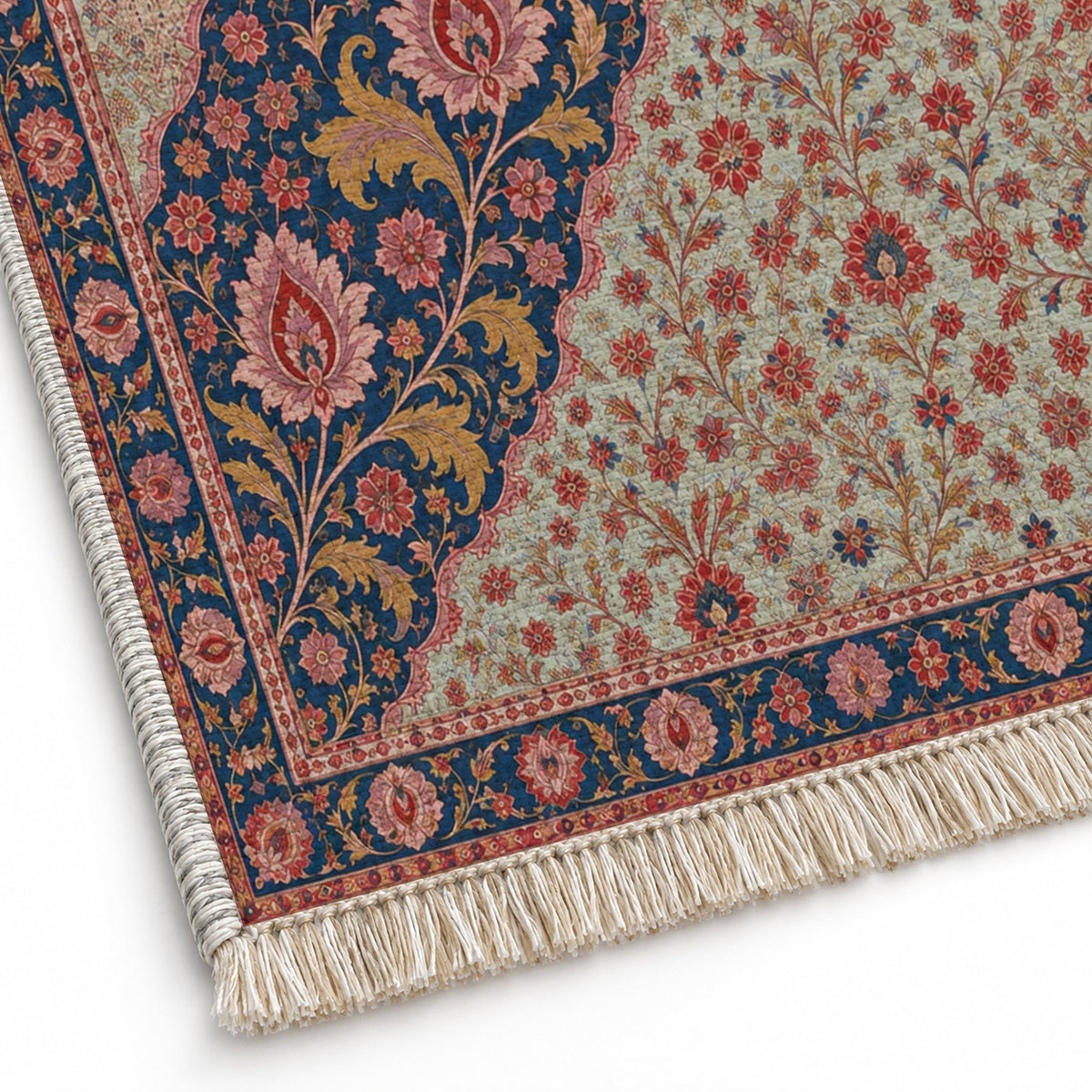 Millefleur Diagonal Reserve Glacier, Ink & Vermilion washable rug close-up of the printed chenille