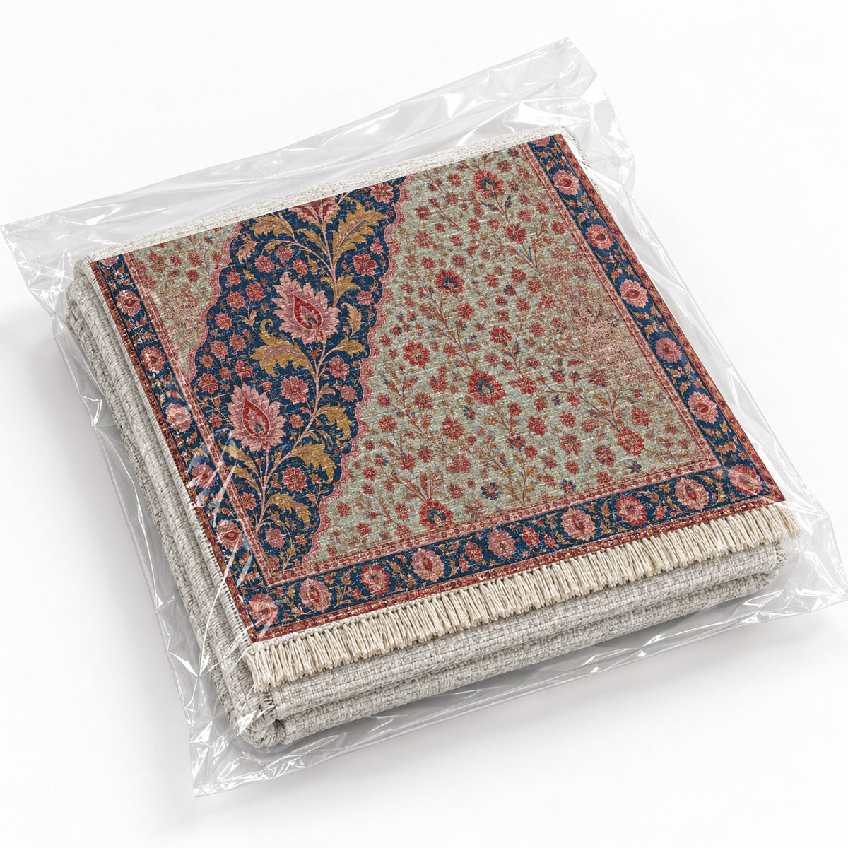 Millefleur Diagonal Reserve Glacier, Ink & Vermilion washable rug rolled and packaged