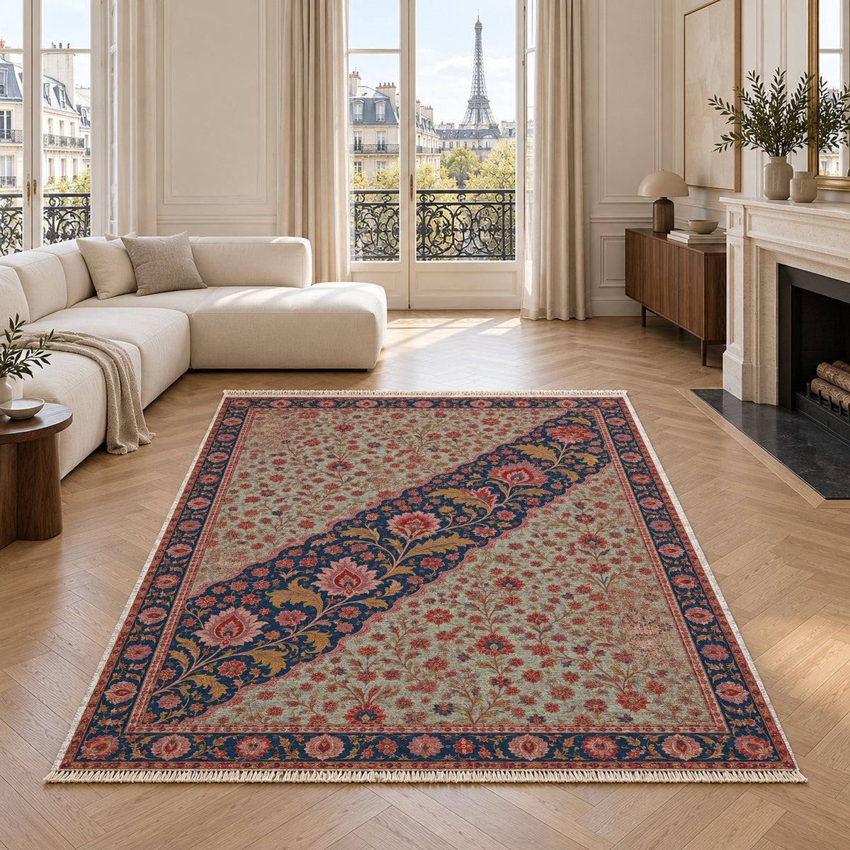 Millefleur Diagonal Reserve Glacier, Ink & Vermilion washable rug in a living room with an Eiffel Tower view