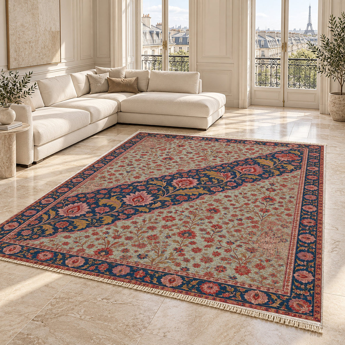 Millefleur Diagonal Reserve Glacier, Ink & Vermilion washable rug angled room view on marble