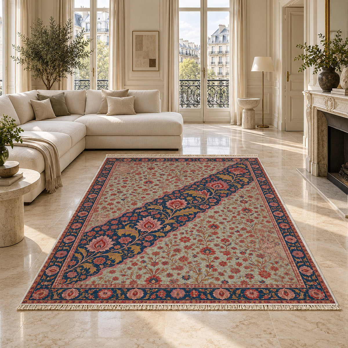 Millefleur Diagonal Reserve Glacier, Ink & Vermilion washable rug on a marble floor