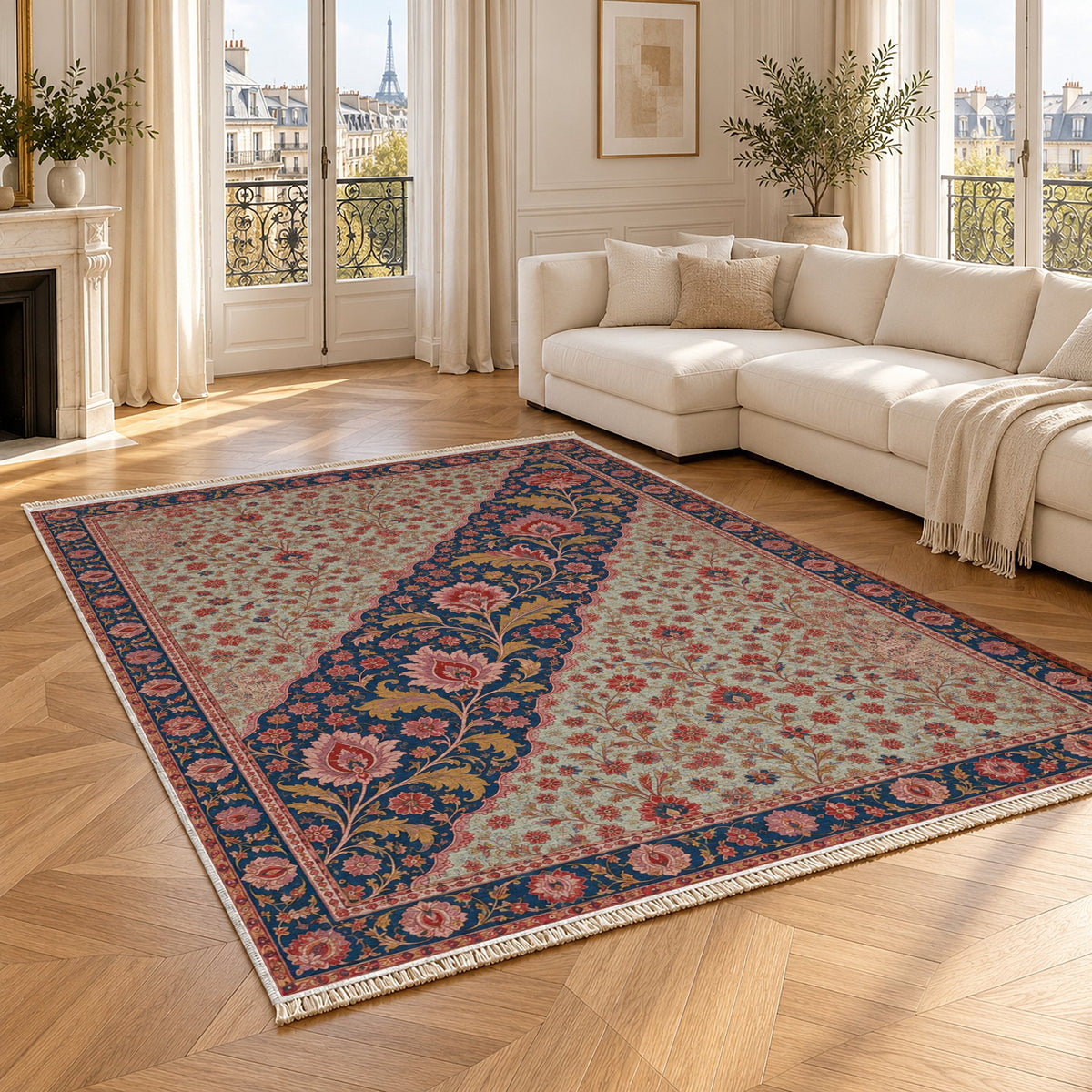 Millefleur Diagonal Reserve Glacier, Ink & Vermilion washable rug angled room view