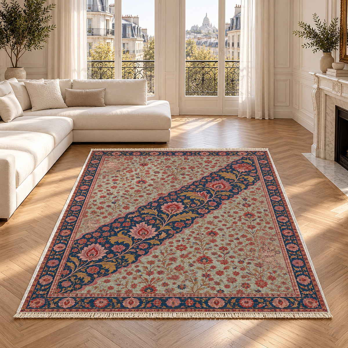 Millefleur Diagonal Reserve Glacier, Ink & Vermilion washable rug in a Paris living room
