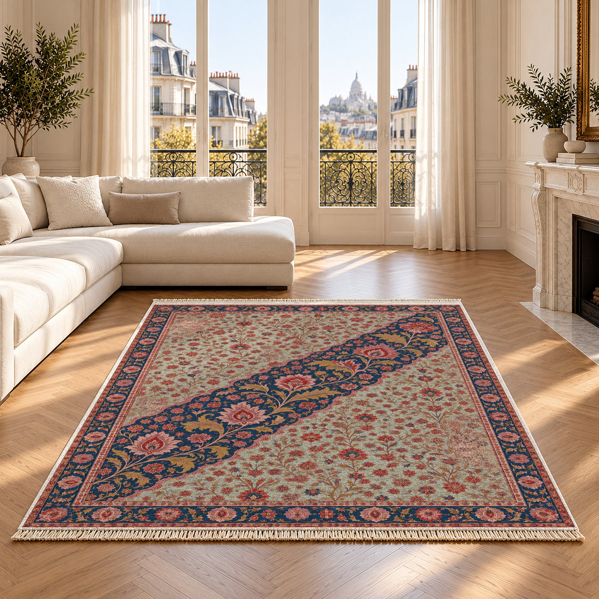 Millefleur Diagonal Reserve Glacier, Ink & Vermilion washable rug on an oak floor