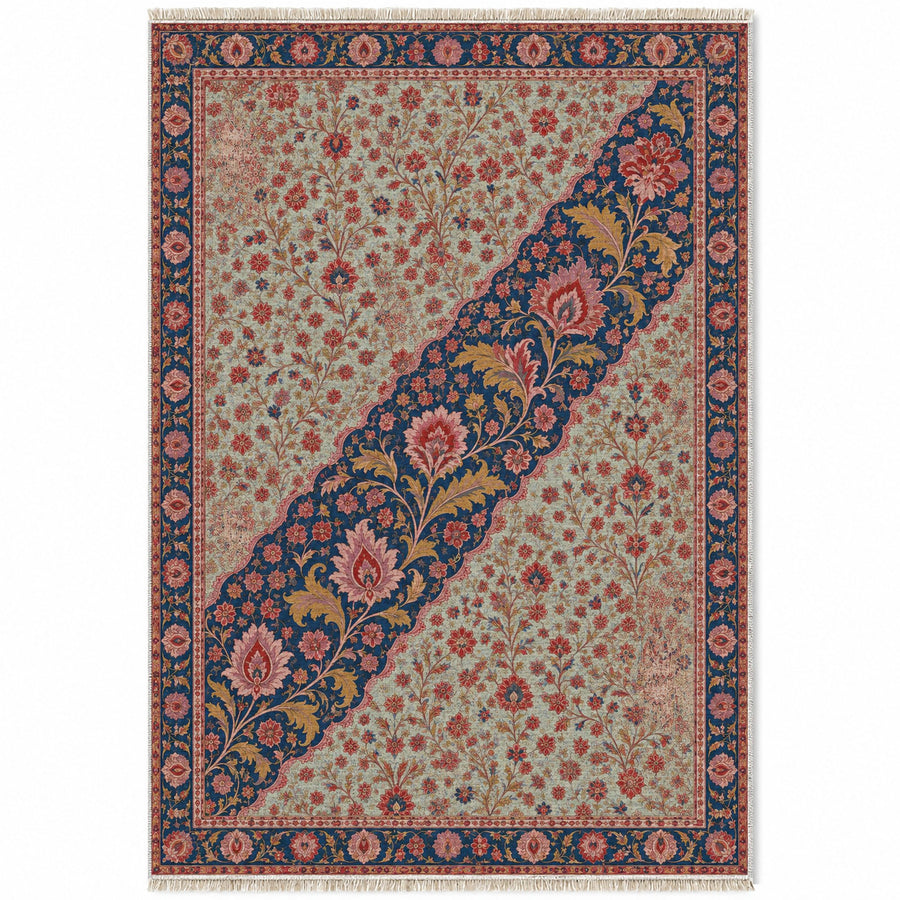 Millefleur Diagonal Reserve Glacier, Ink & Vermilion Distressed Washable Rug