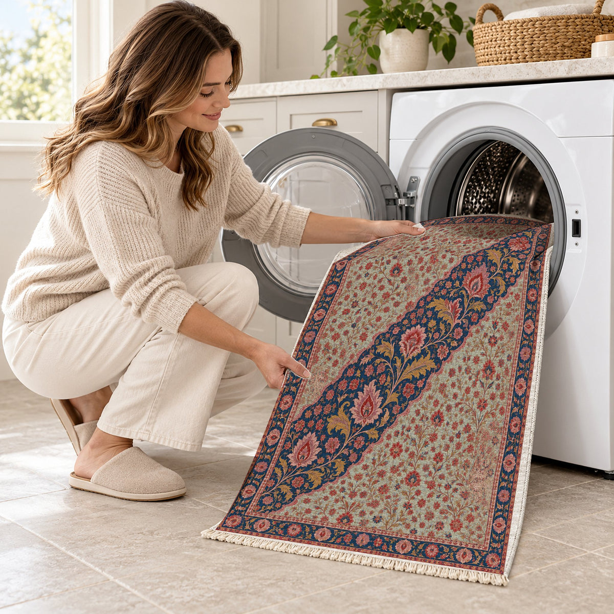 Millefleur Diagonal Reserve Glacier, Ink & Vermilion washable rug being loaded into a washing machine