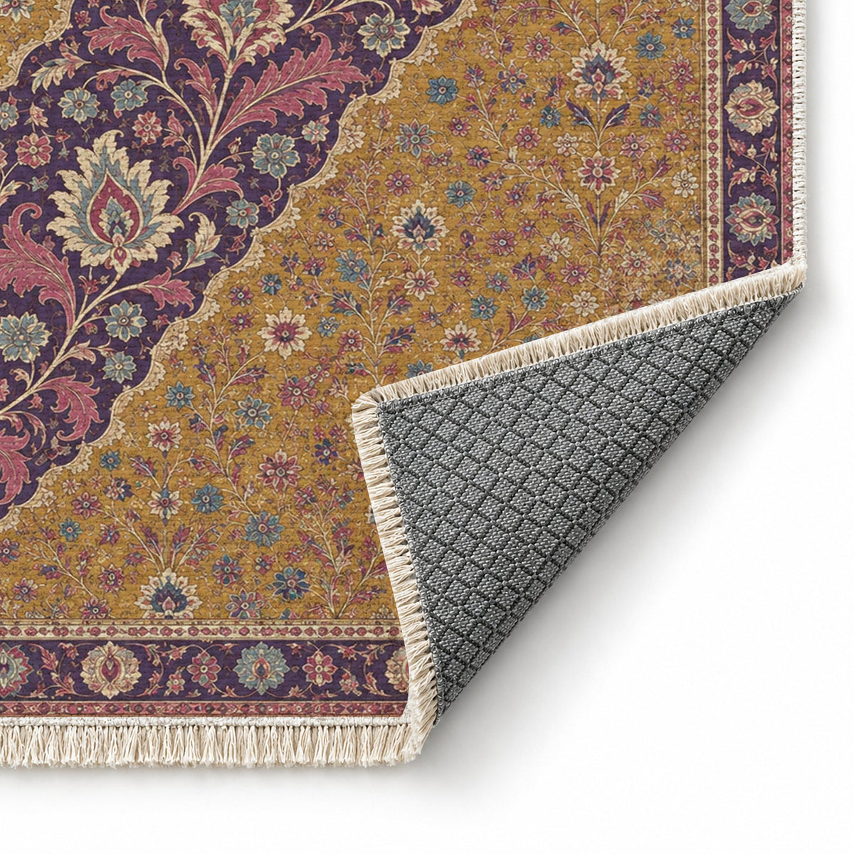 Millefleur Diagonal Reserve Golden, Plum & Azure washable rug folded corner showing the backing