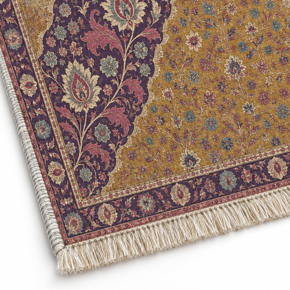 Millefleur Diagonal Reserve Golden, Plum & Azure washable rug close-up of the printed chenille