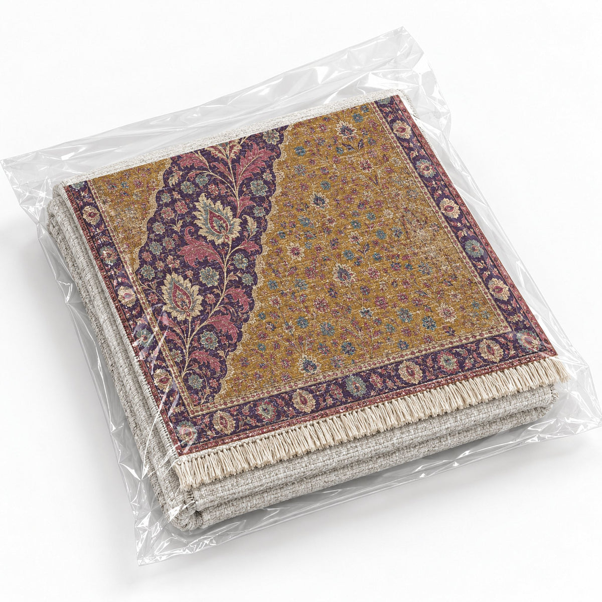 Millefleur Diagonal Reserve Golden, Plum & Azure washable rug rolled and packaged