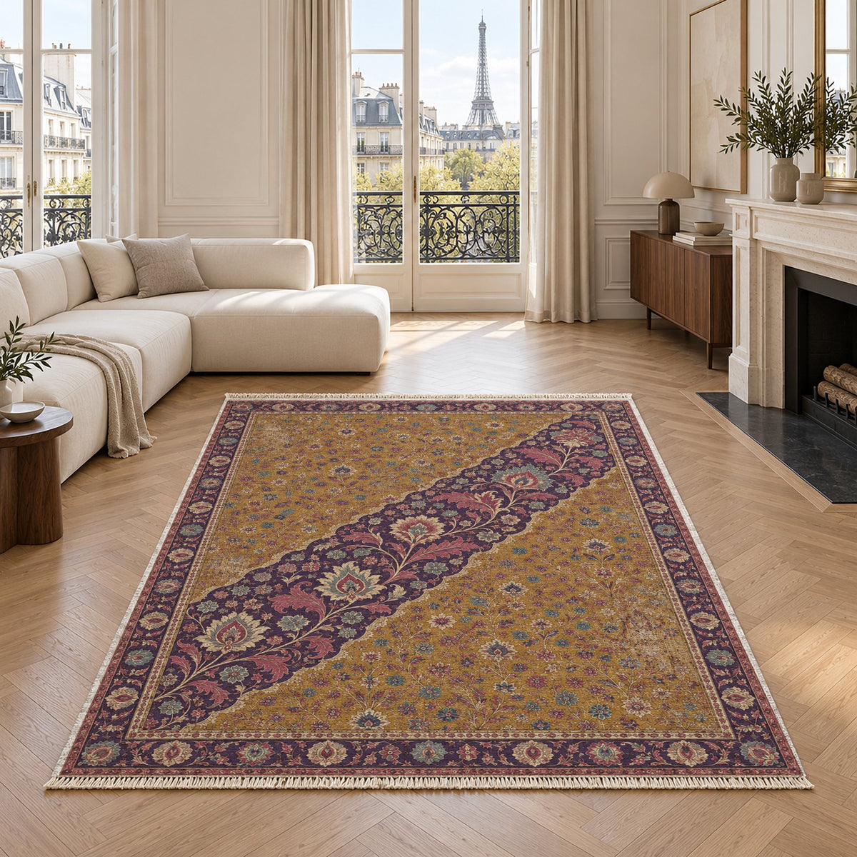 Millefleur Diagonal Reserve Golden, Plum & Azure washable rug in a living room with an Eiffel Tower view