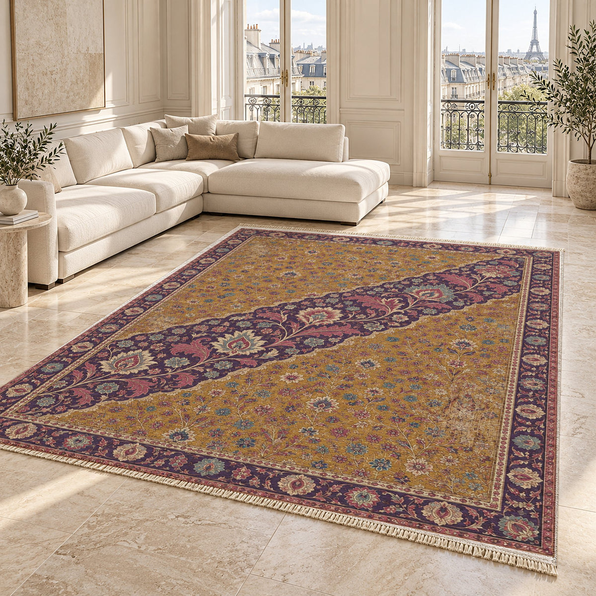Millefleur Diagonal Reserve Golden, Plum & Azure washable rug angled room view on marble