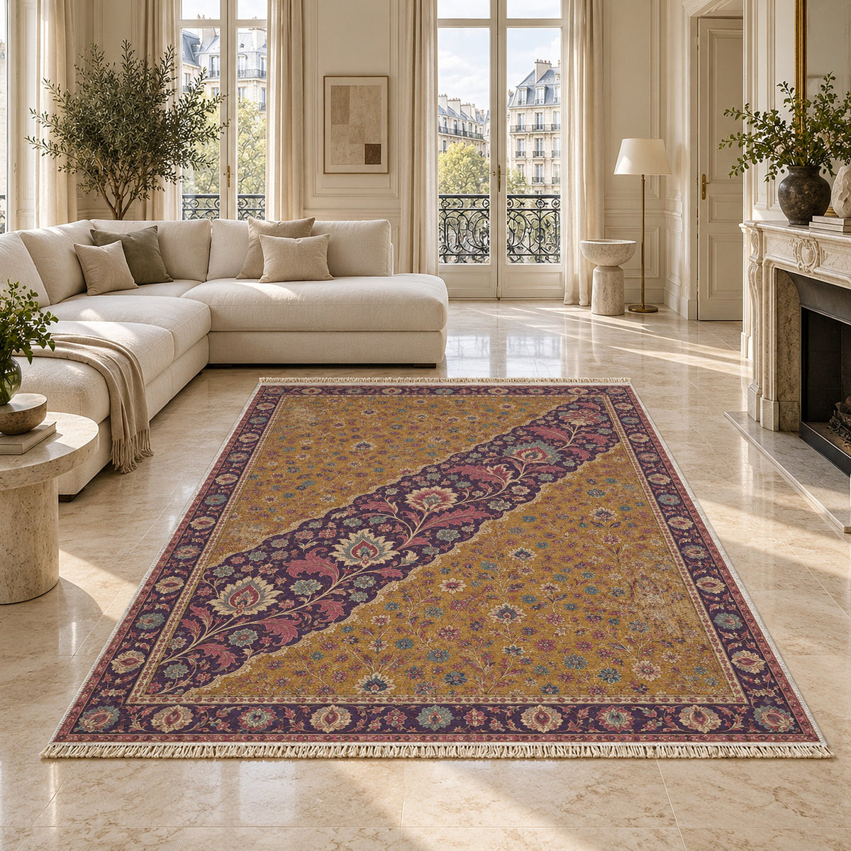 Millefleur Diagonal Reserve Golden, Plum & Azure washable rug on a marble floor