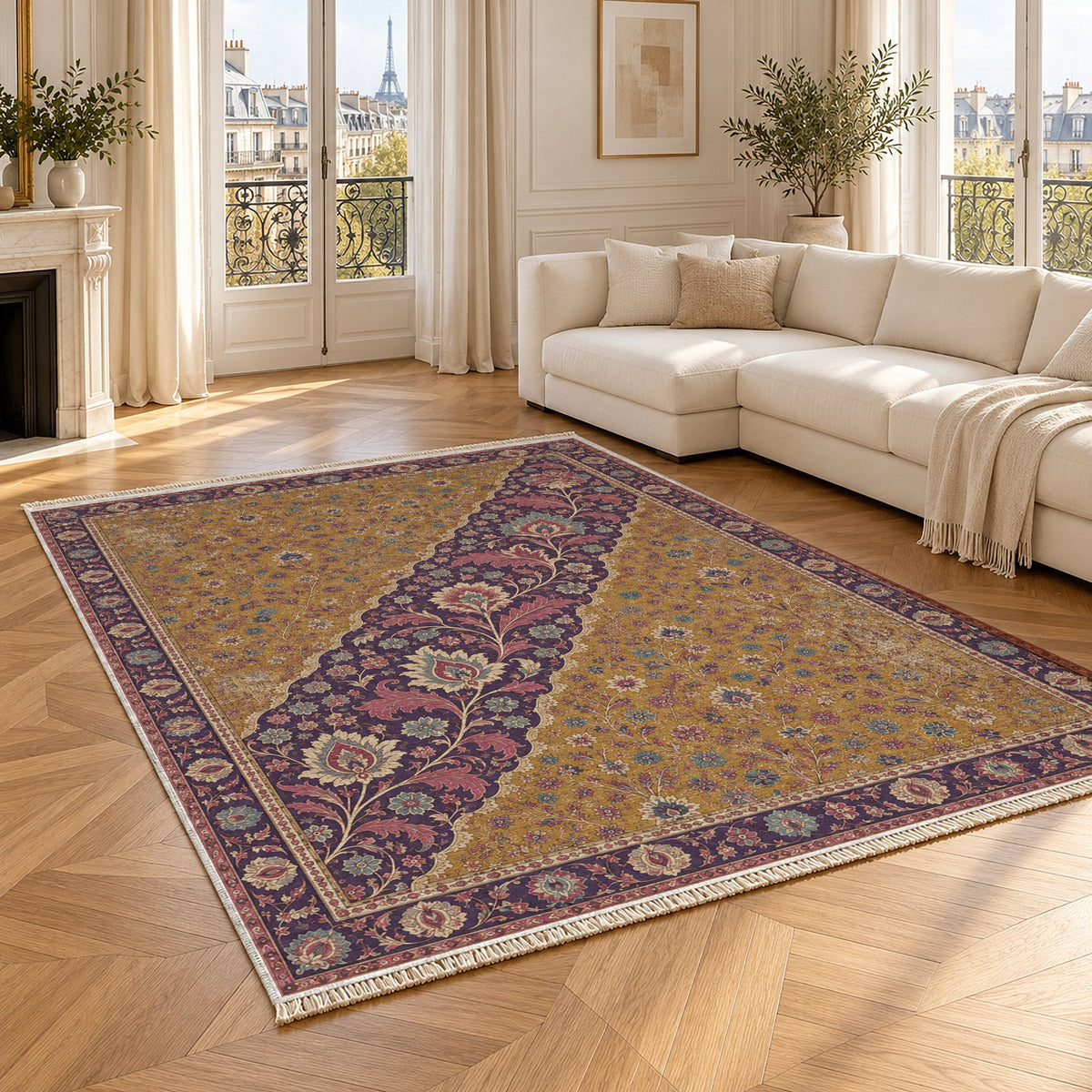 Millefleur Diagonal Reserve Golden, Plum & Azure washable rug angled room view
