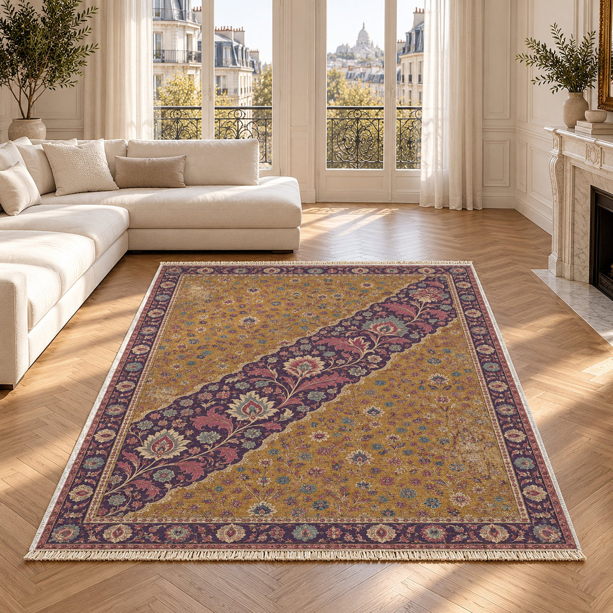 Millefleur Diagonal Reserve Golden, Plum & Azure washable rug in a Paris living room