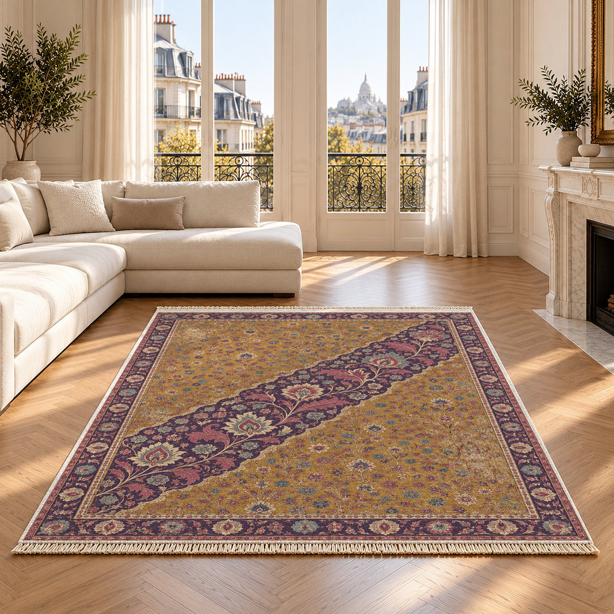 Millefleur Diagonal Reserve Golden, Plum & Azure washable rug on an oak floor