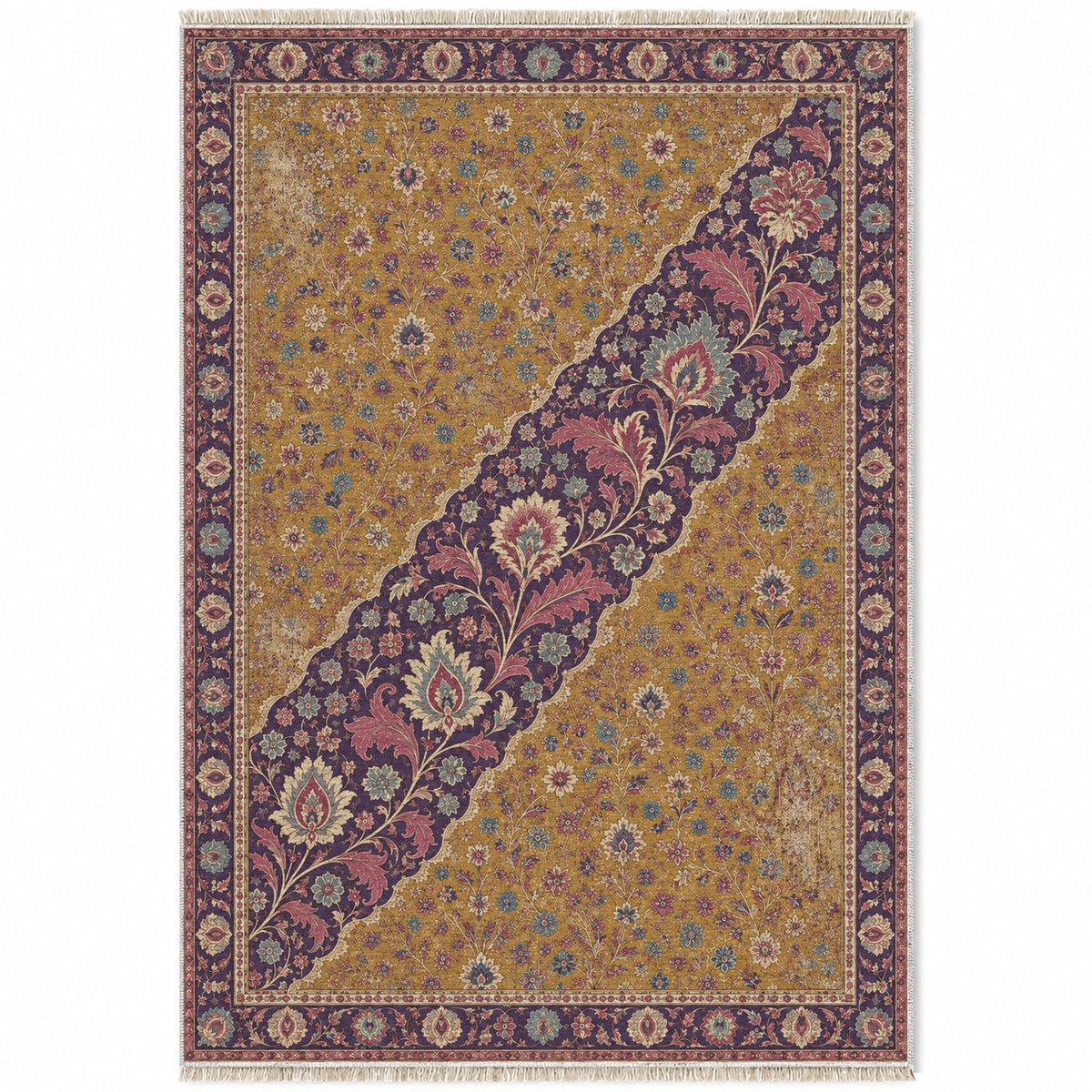 Millefleur Diagonal Reserve Golden, Plum & Azure washable rug top view