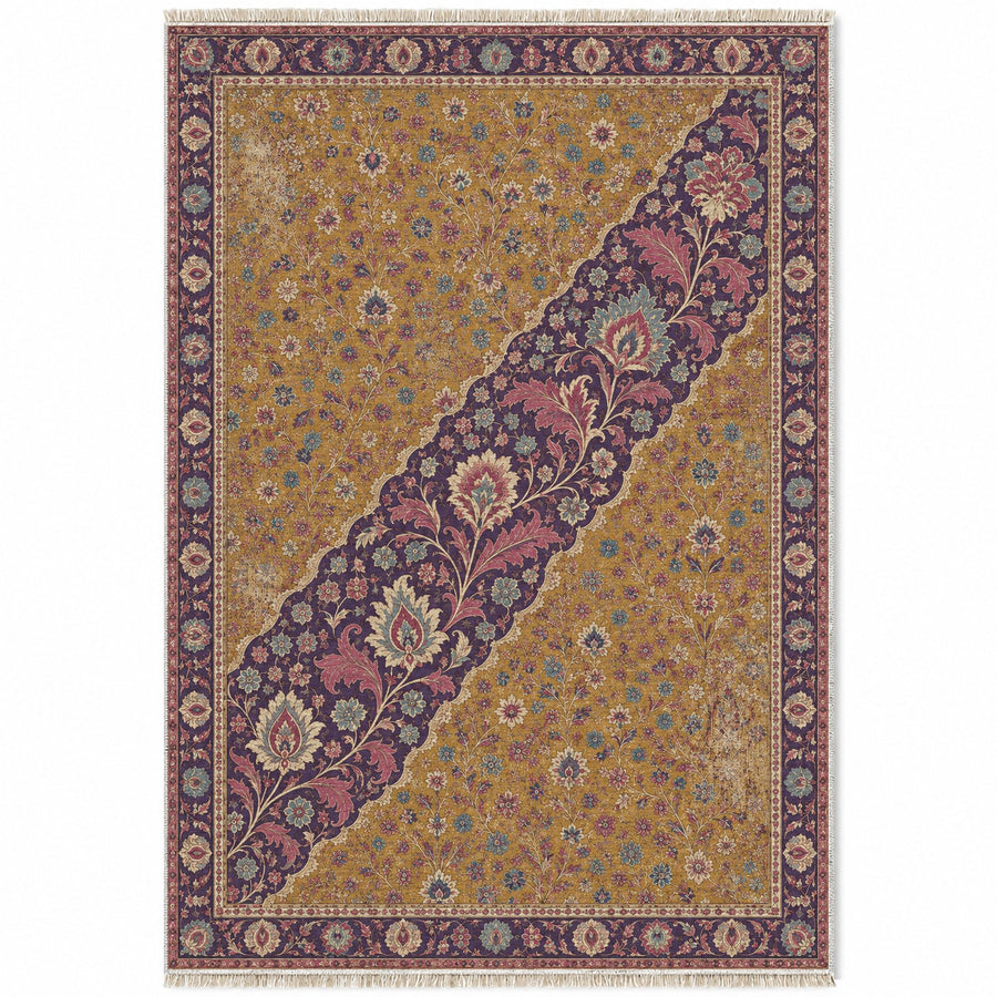 Millefleur Diagonal Reserve Golden, Plum & Azure Distressed Washable Rug