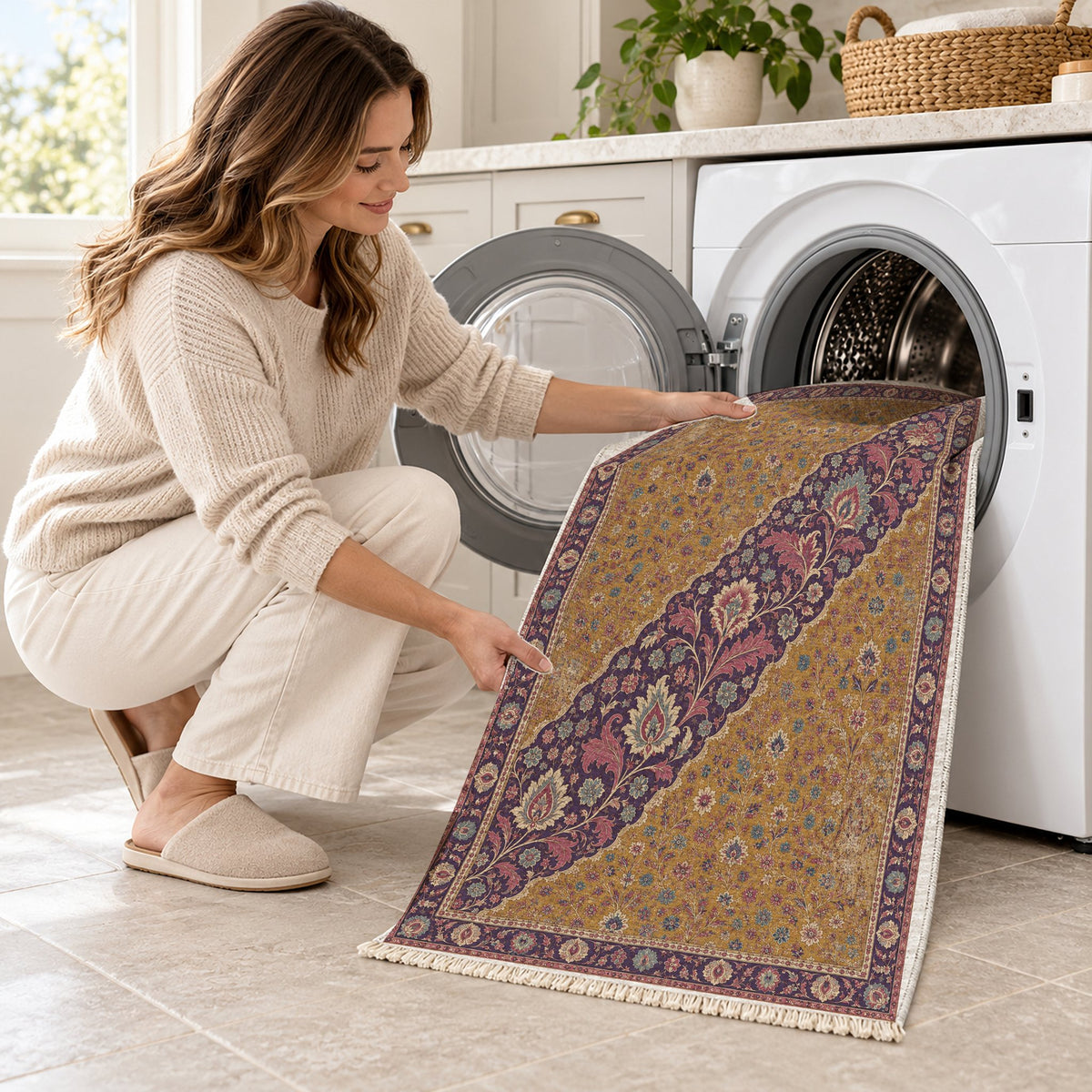 Millefleur Diagonal Reserve Golden, Plum & Azure washable rug being loaded into a washing machine