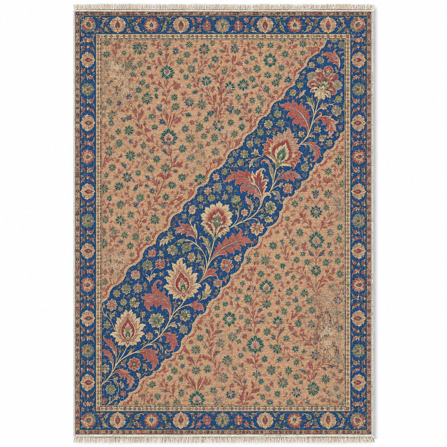 Millefleur Diagonal Reserve Peach, Cobalt & Jade Distressed Washable Rug