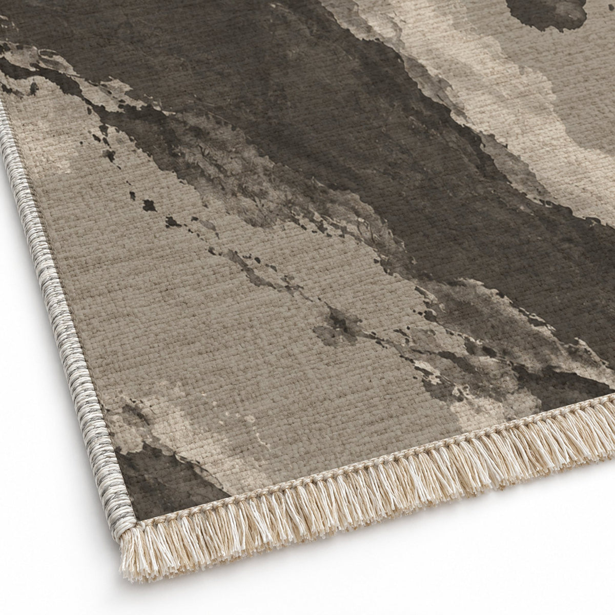 Mineral Drift Greige & Charcoal washable rug close-up of the printed chenille