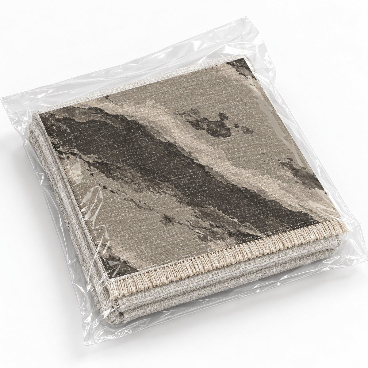 Mineral Drift Greige & Charcoal washable rug rolled and packaged