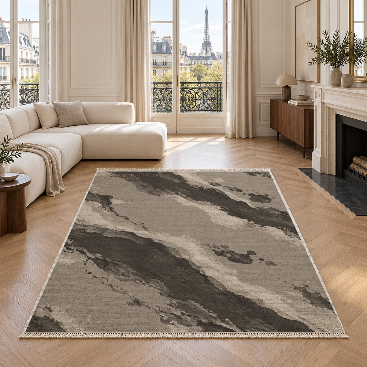 Mineral Drift Greige & Charcoal washable rug in a living room with an Eiffel Tower view